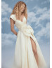 Ivory Pleated Taffeta Slit Unique Wedding Dress